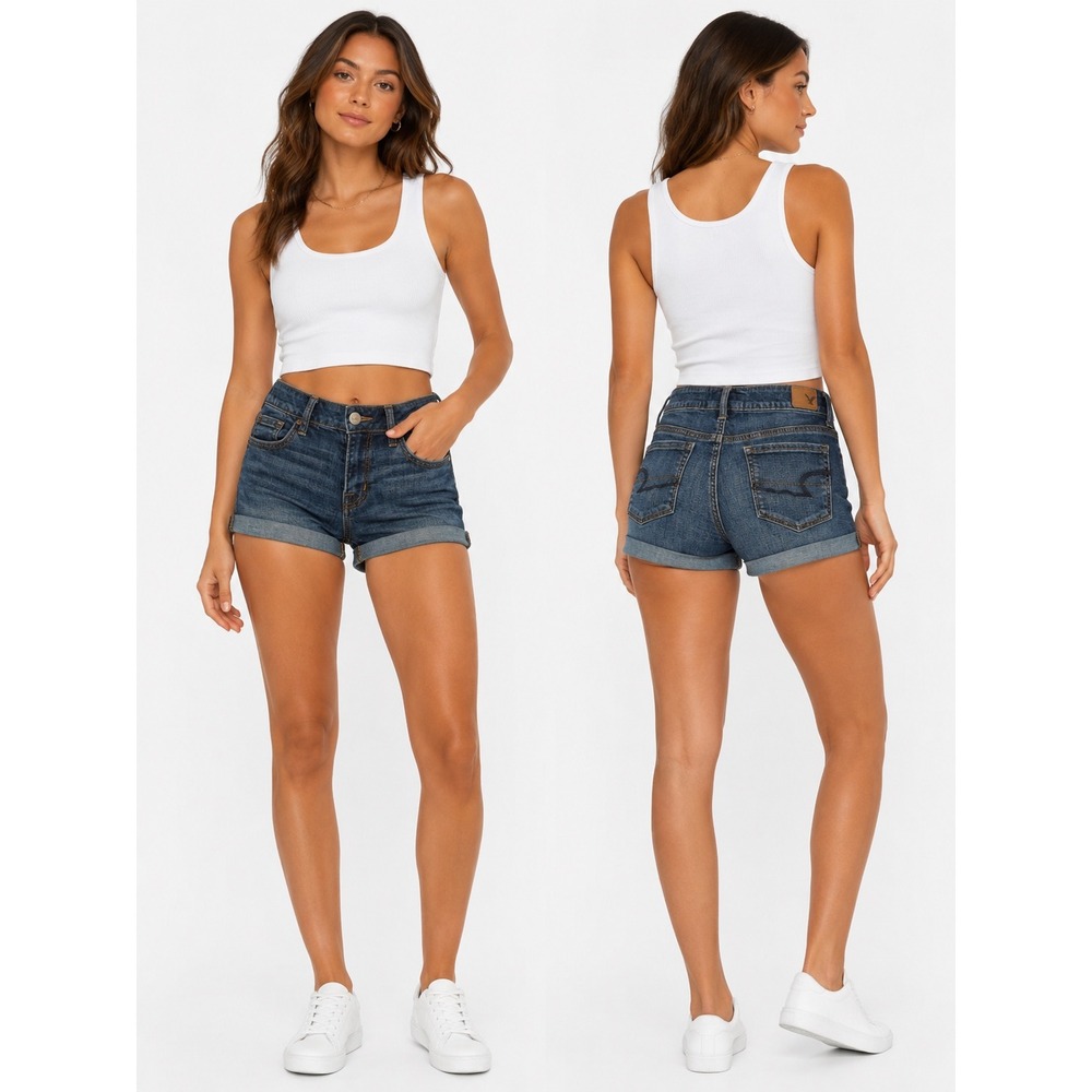American Eagle Denim Shorts Womens‎ 2 Blue Super Stretch Cuffed Midi Boho Summer